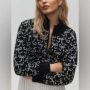 Maeve Montana Mock-Neck Half-Zip Black and White Bow Sweater (Anthropologie)